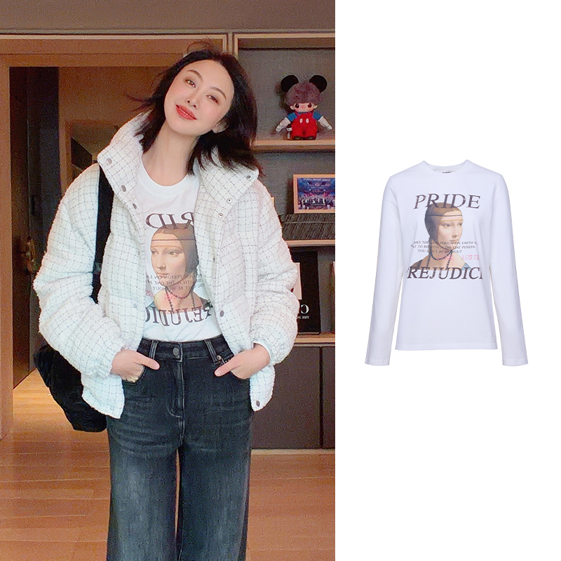 TRACY CHU白色手绘油画长袖基础百搭时尚休闲洋气气质T恤冬季新款