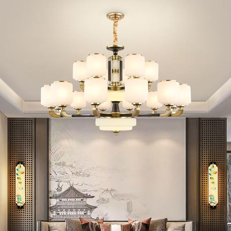 盛珊金玉锦绣全铜新中式客厅吊灯别墅餐厅茶室卧室全光谱中山灯具