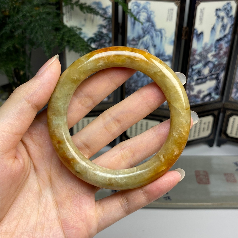56.3老料红翡复古圆条手镯 天然翡翠A货手镯
