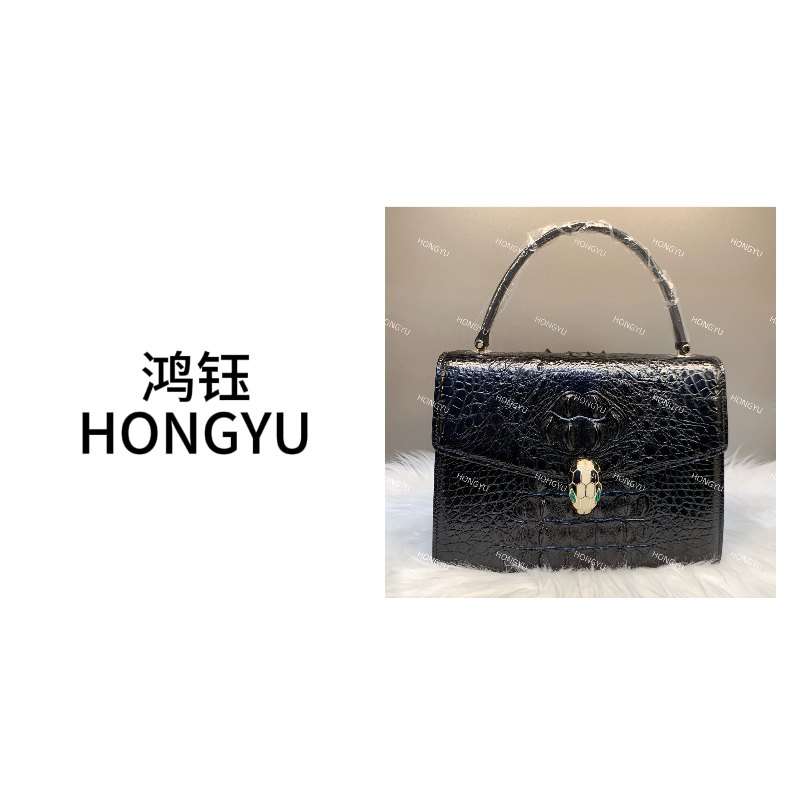 HONGYU   原创设计鳄鱼黑色手工蜡线包包23cm（高定版）