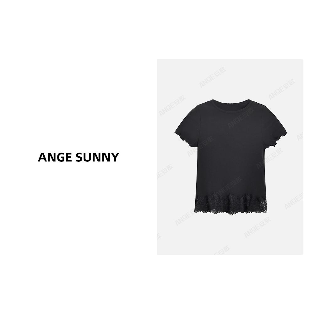 ANGE SUNNY【宋佳同款 蕾丝边针织T恤】下摆拼接圆领短袖上衣