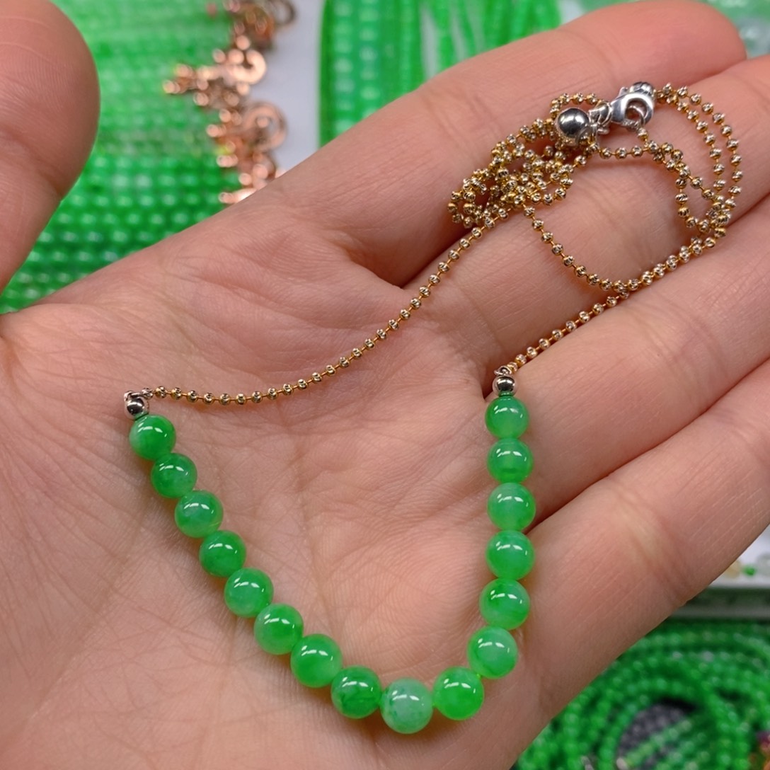 翡翠颈饰18K金镶嵌冰种阳绿圆珠项链5.8m' m