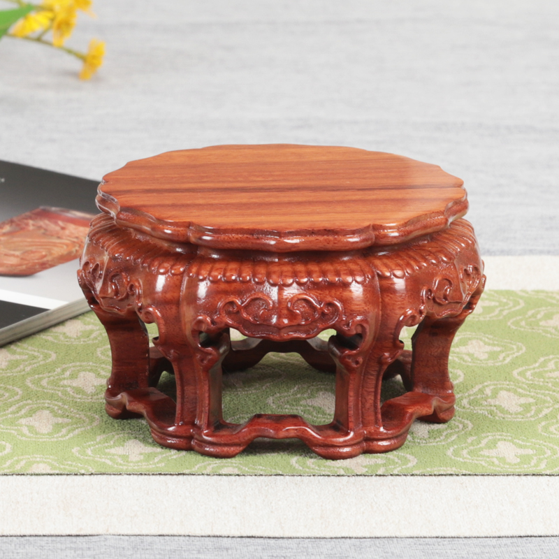 花梨木六足美满海棠几茶壶建盏花瓶底座盆景摆件家居木雕加高底座