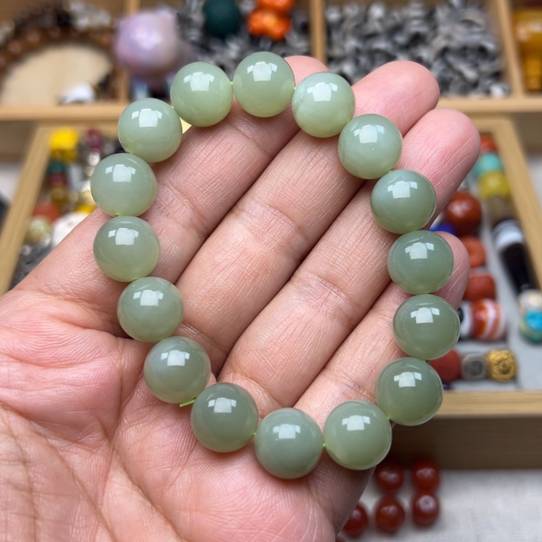 和田玉12mm晴水圆珠单圈手链未镶嵌