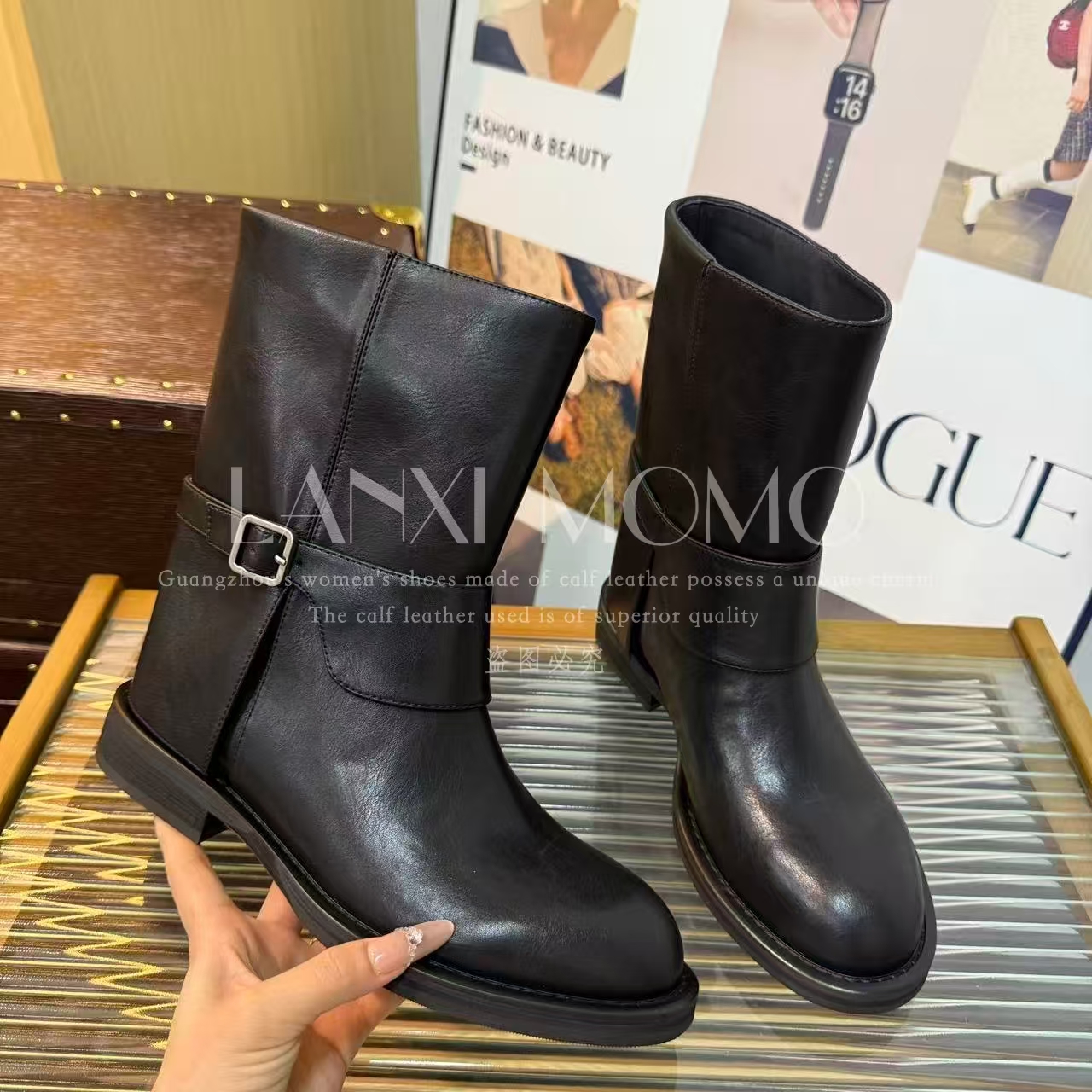 【LANXI  MOMO】牛仔时尚百搭女士黑色骑士英伦短靴25XZ598LX