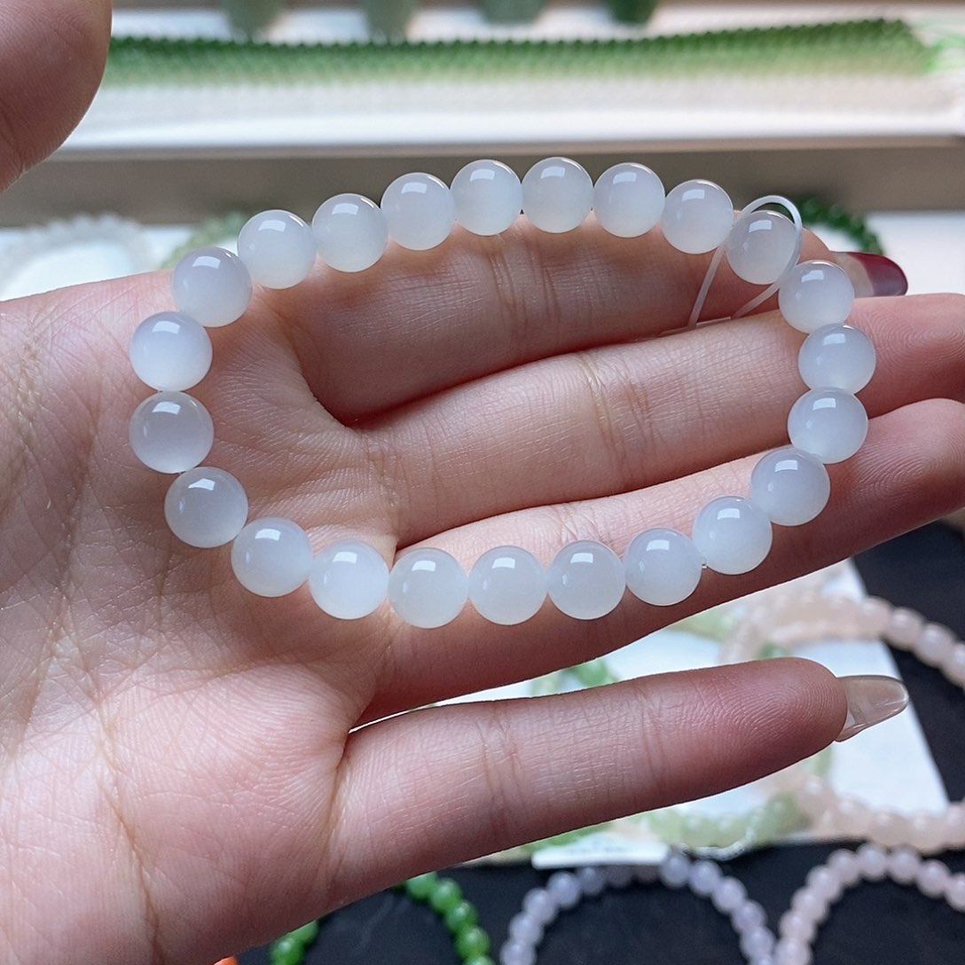 和田玉手链未镶嵌白玉一线猫8mm手串