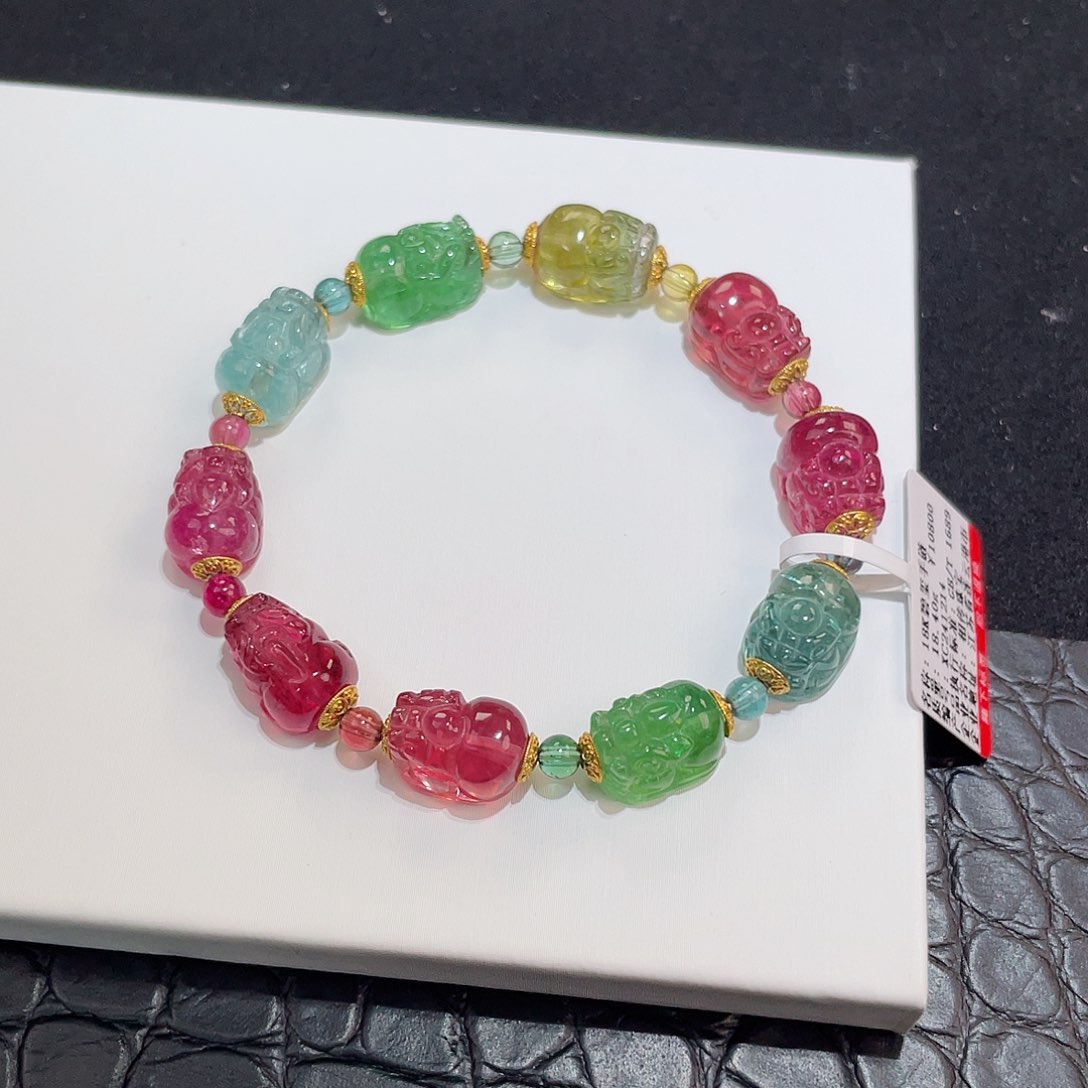 碧玺手链18K金镶嵌 玻璃净体 8.5-9+mm貔貅