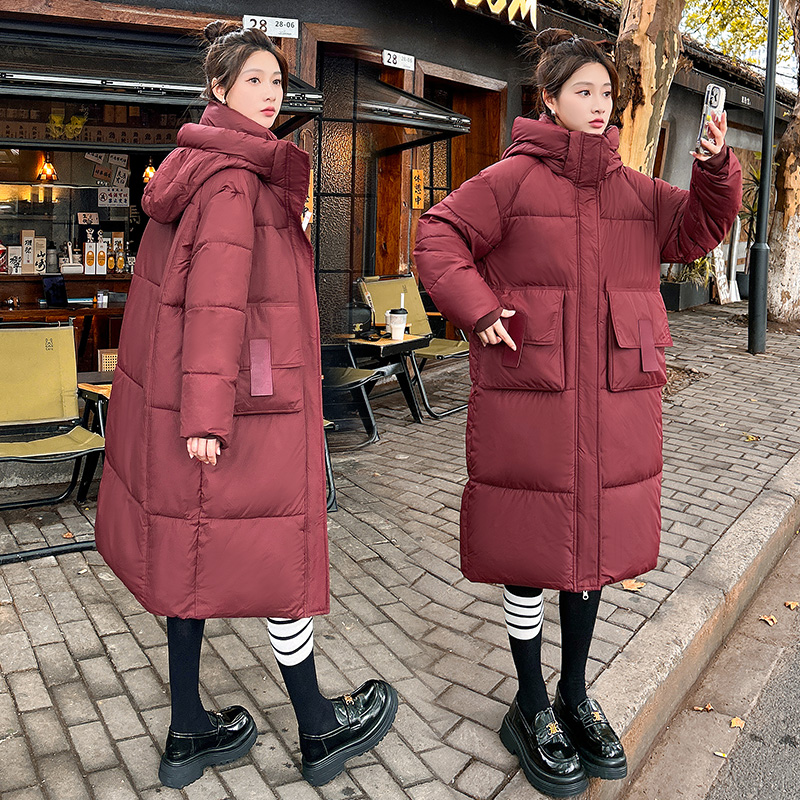 2025冬季中长款棉服加厚保暖女韩版外穿过膝大码连帽宽松棉服