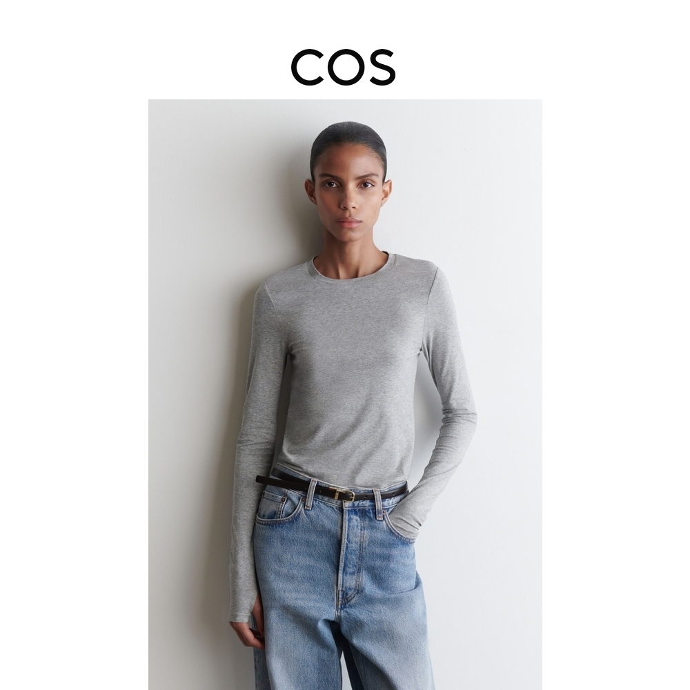 COS女装 修身版型圆领长袖指孔打底衫灰色2025秋季新品1028327038