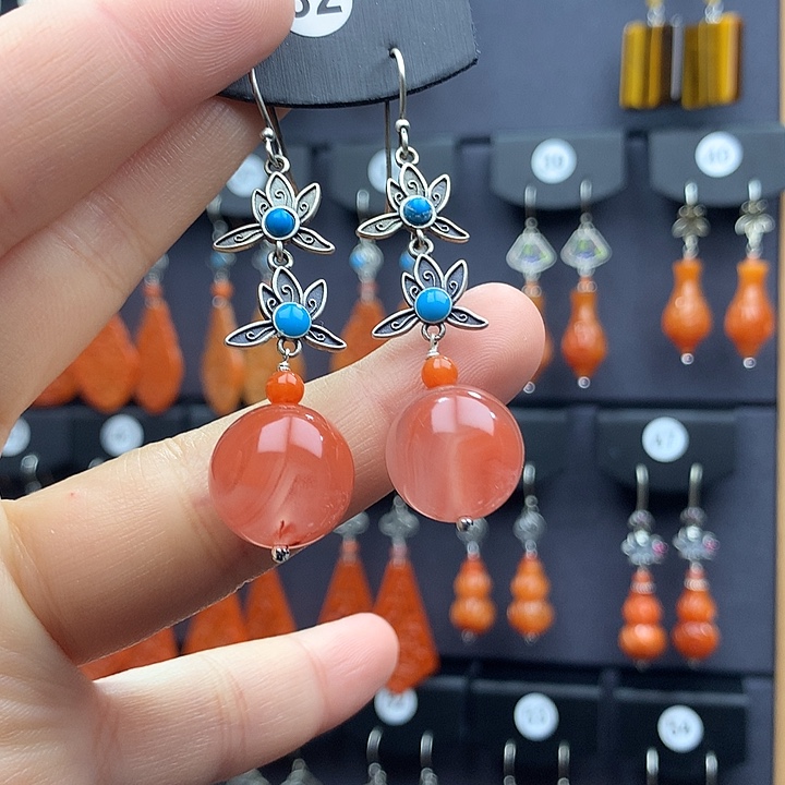 南红玛瑙耳饰银S925镶嵌冰***瑰