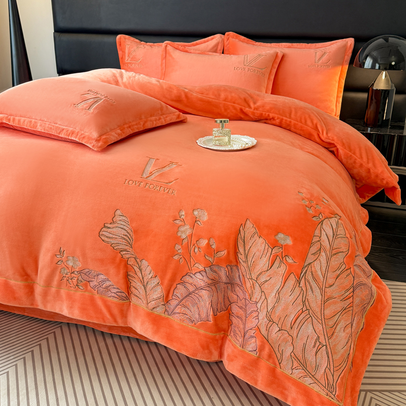 【家大业大】橙轻奢绣花加厚蚕宝宝绒四件套刺绣牛奶绒被套大床单