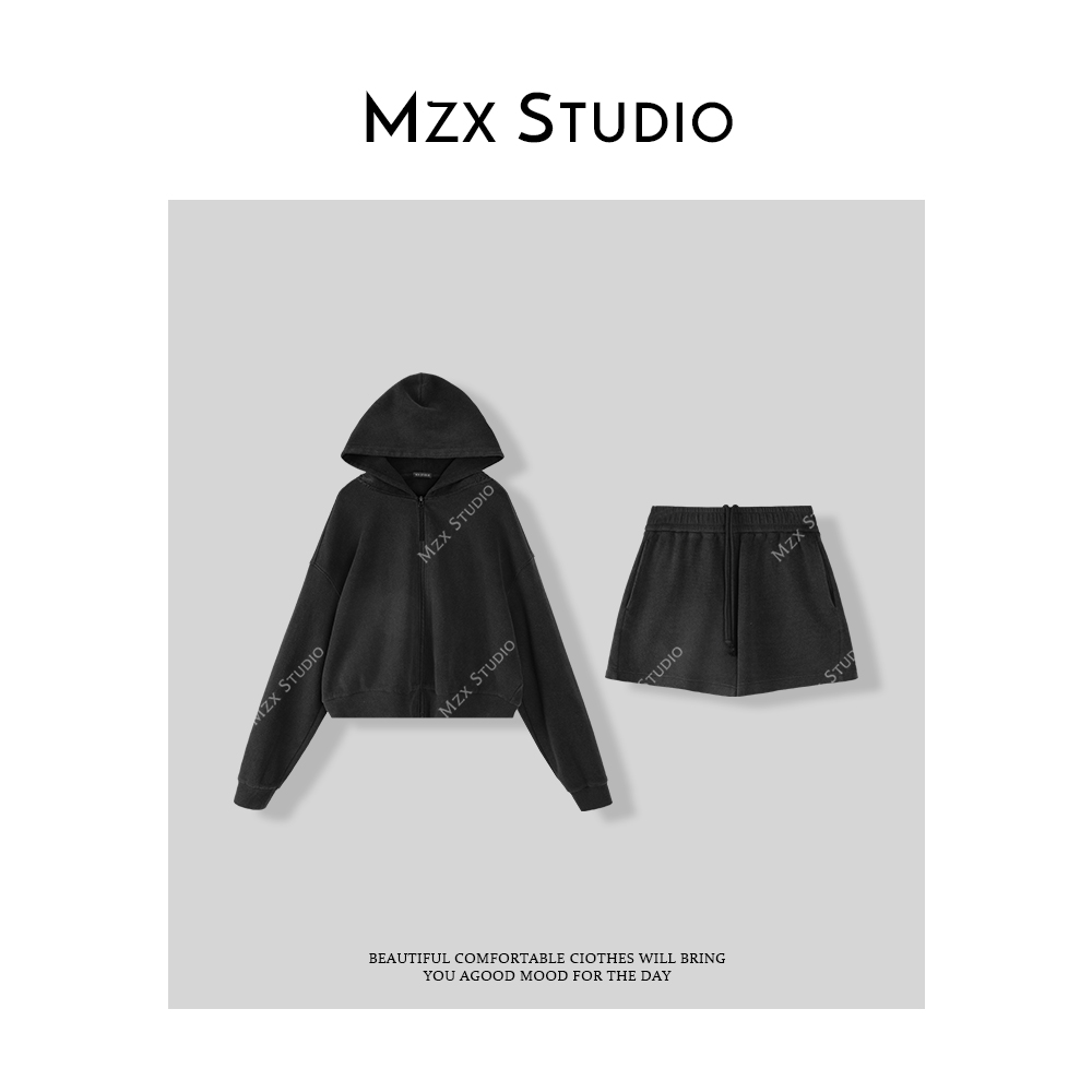 MZX 休闲慵懒感 炒盐连帽卫衣短裤套装TZ7717-Y