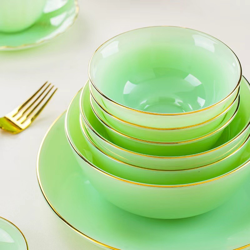 景德镇玉瓷套装轻奢绿色描金