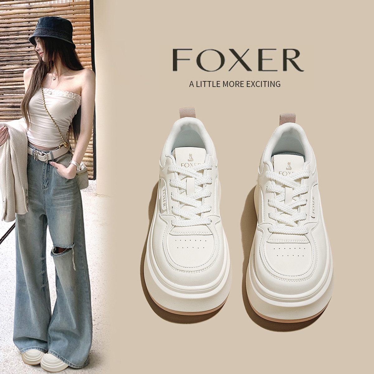 【FOXER】新款厚底中年系带增高学生休闲板鞋韩版小白鞋单鞋秋季