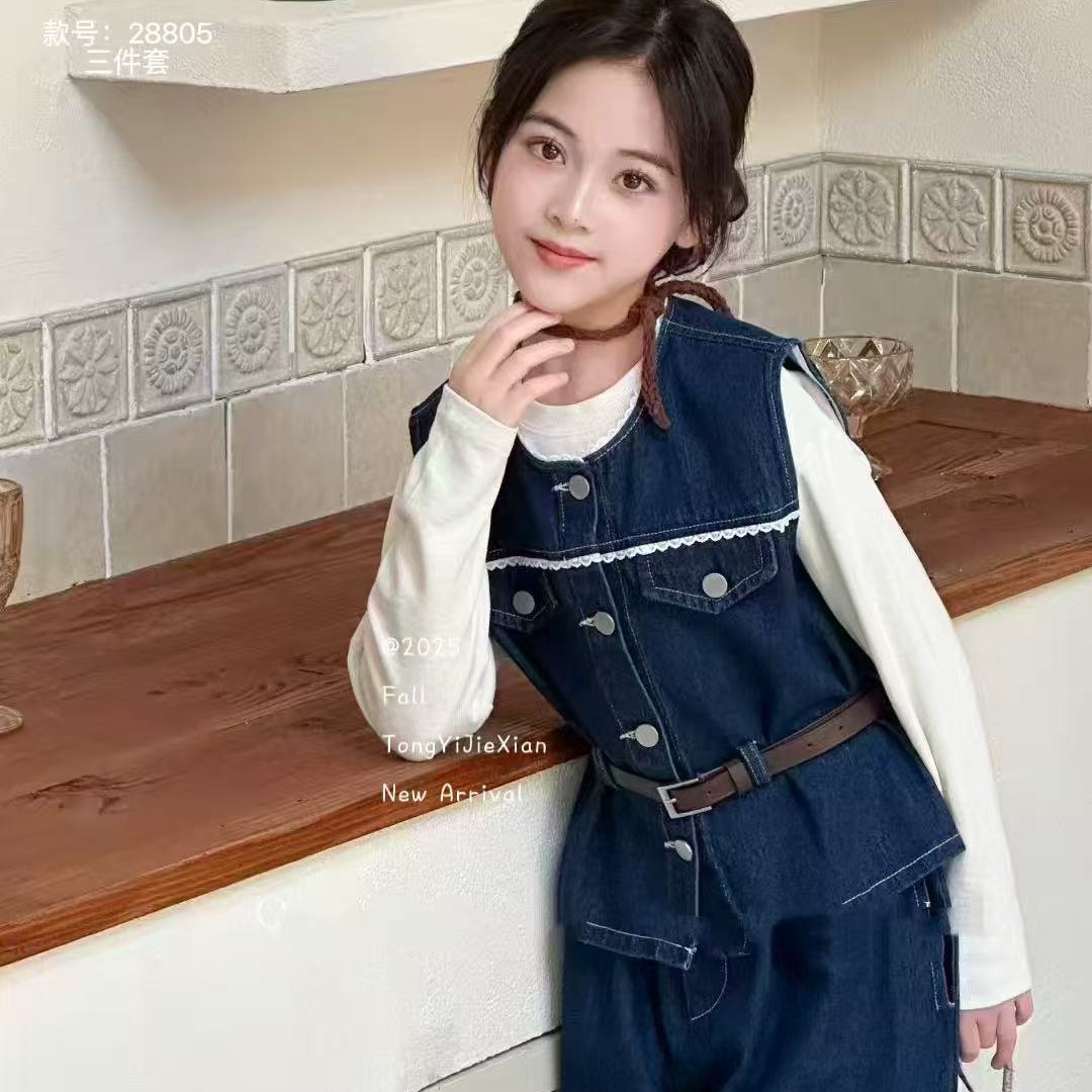休闲春秋韩版薄款波点碎花女套装牛仔三件套