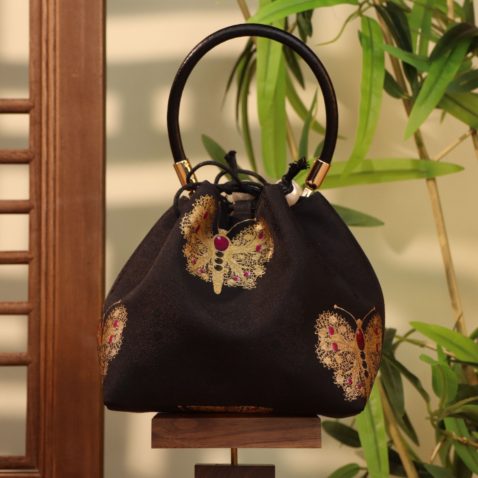 【日进斗金】非遗宋锦黑金蝴蝶茶包-国风手提包（不带珠链）