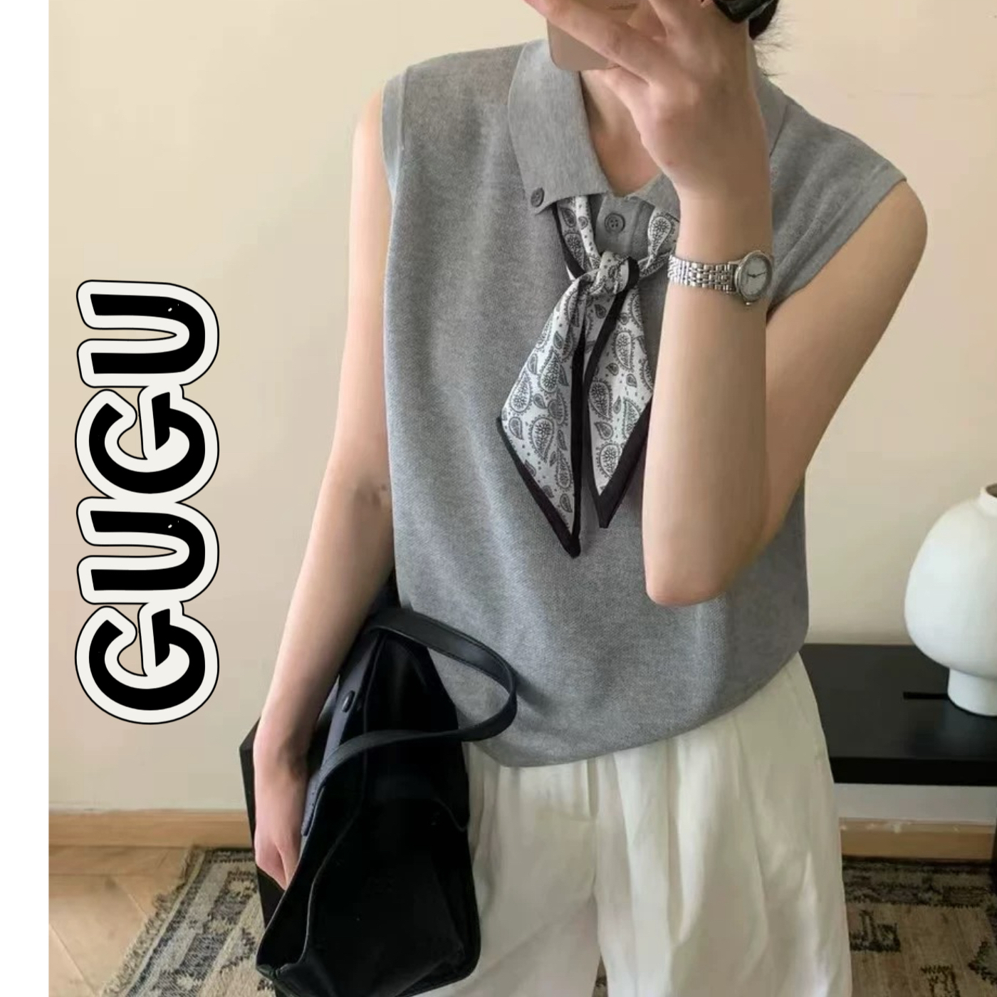 夏季少女风无袖翻领薄款毛针织衫百搭针织衫时尚