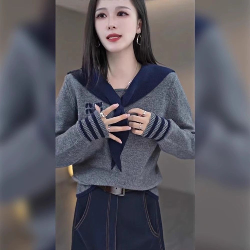 撞色披肩假两件海军领针织衫毛衣女2025新款深秋初冬穿搭韩系上衣