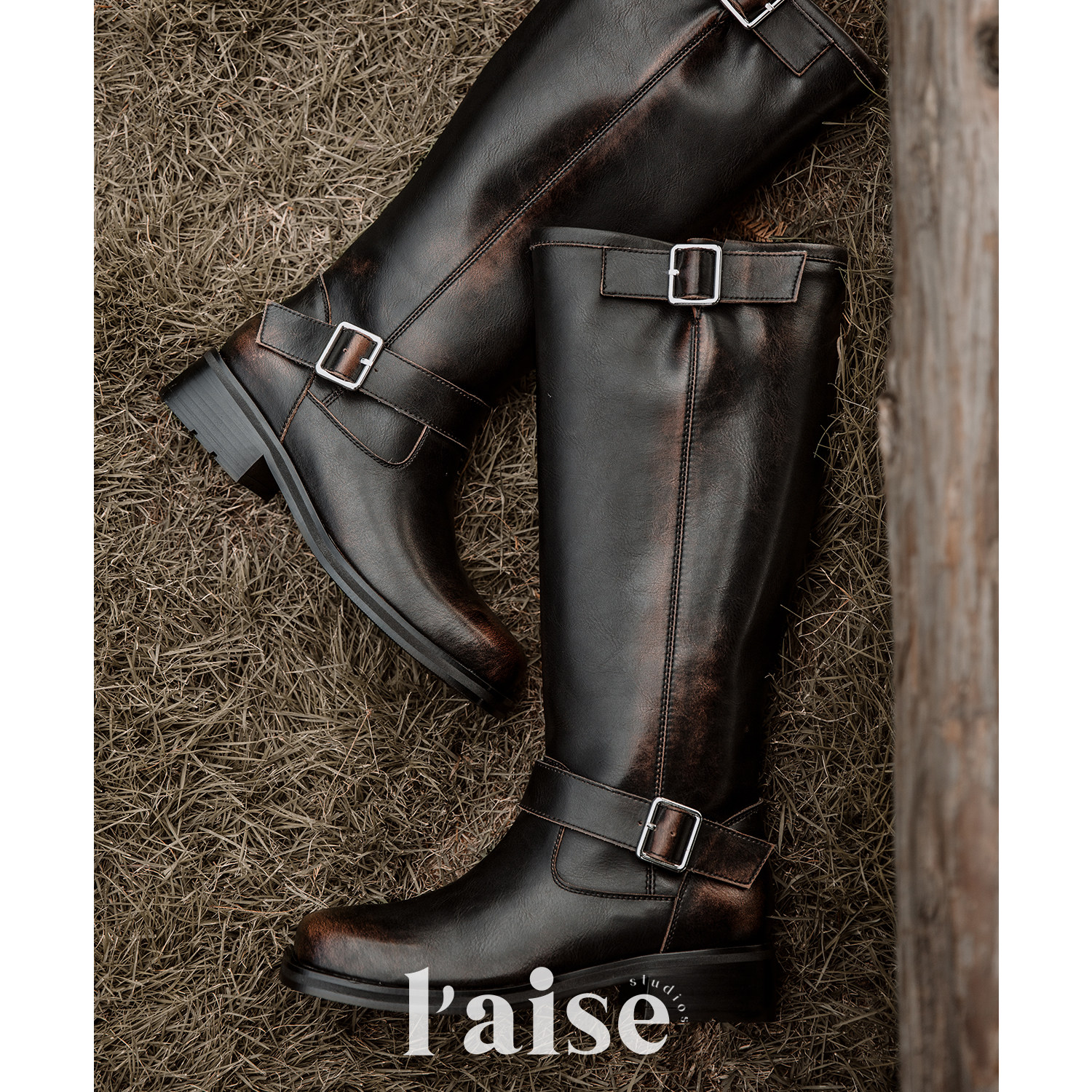 L'aise 手工整靴全皮擦色做旧宽筒不过膝骑士靴高筒长靴子女