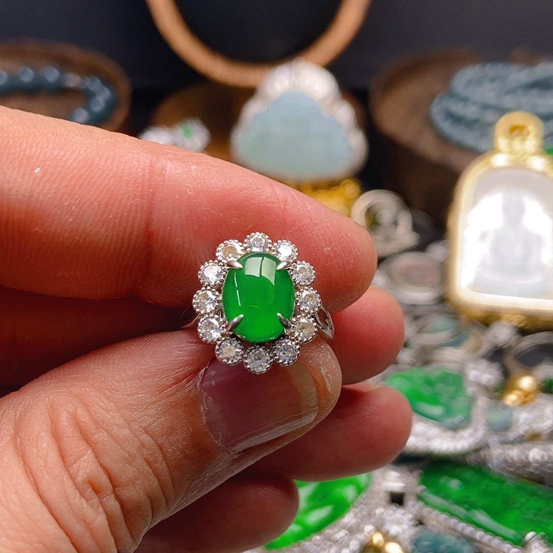 翡翠戒指银S925镶嵌750戒指