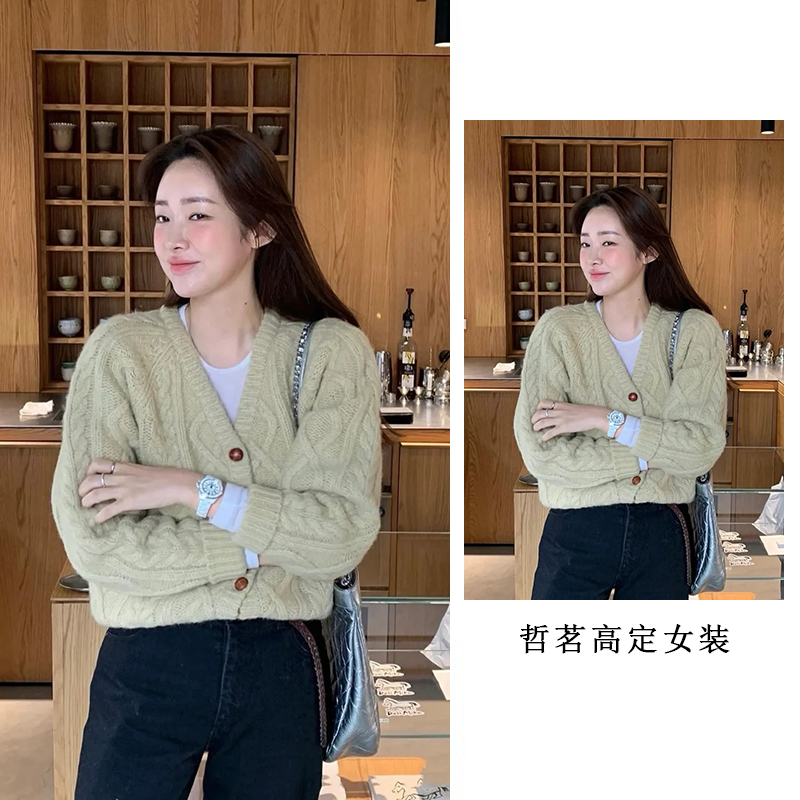车静媛同款浅绿色针织长袖毛衣针织开衫外套2025秋季新款慵懒风厚