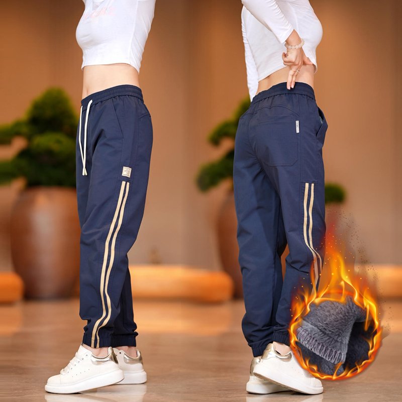 秋季加厚条纹休闲裤男修身潮流运动韩版百搭加绒纯色透气男士弹力