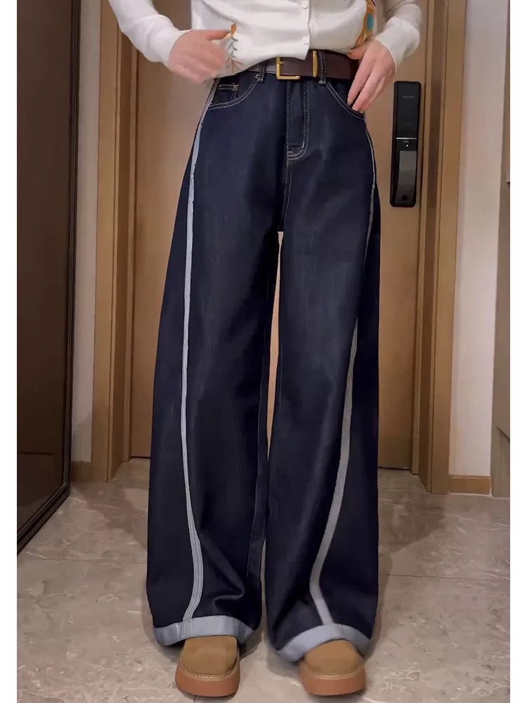 3905蓝色条纹牛仔直筒裤