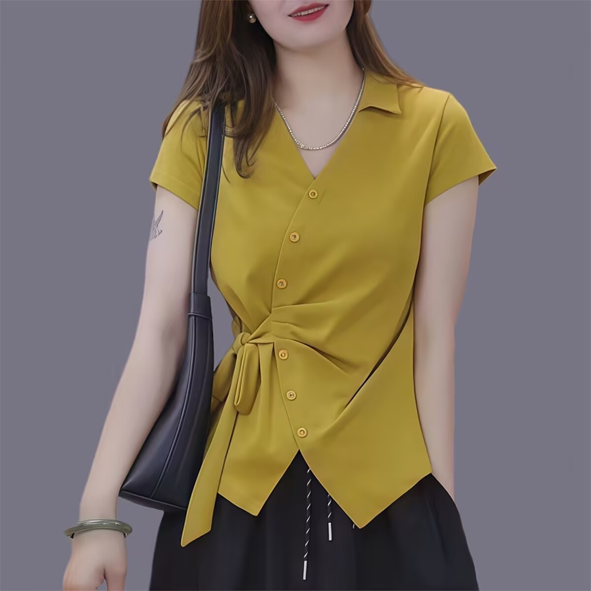 2025夏季方领开叉系带洋气时尚百搭t恤显瘦短袖