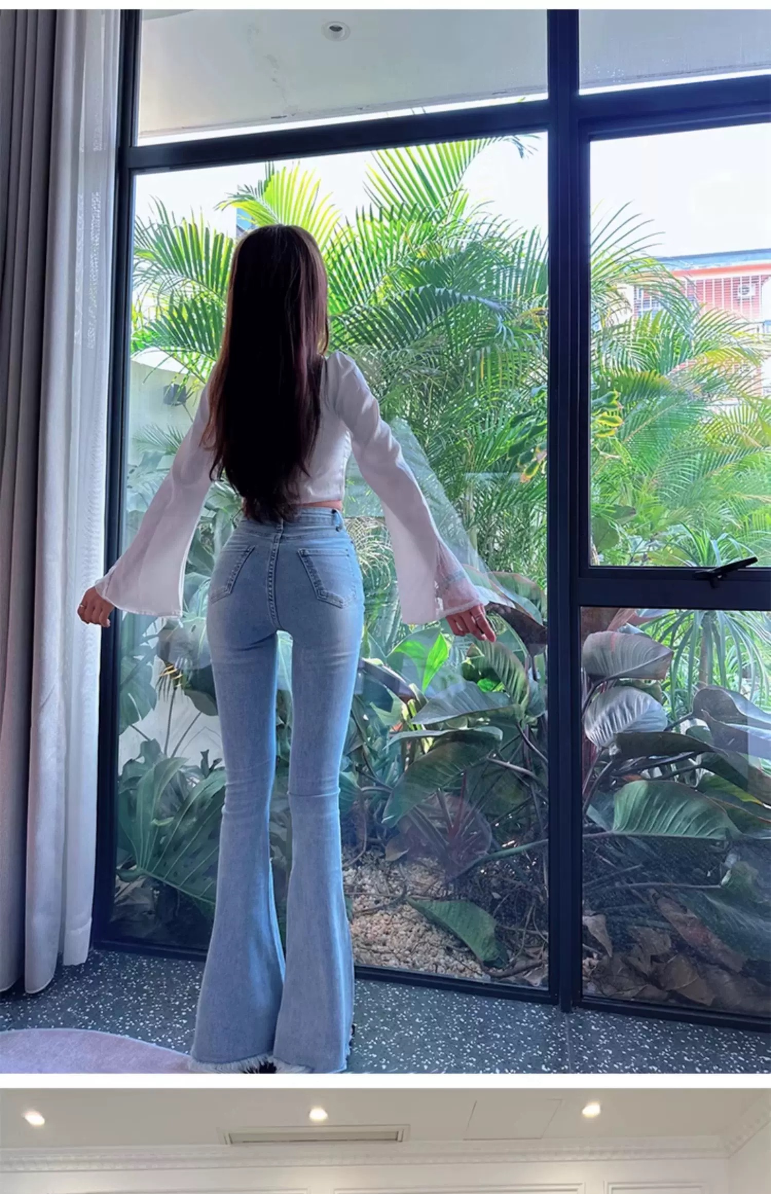 2025春季新款天蓝色高腰修身显瘦鱼尾喇叭裤