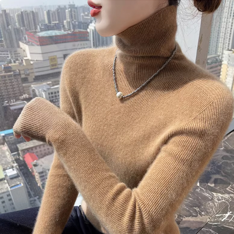 哥弟阿玛施正新款无缝一体羊绒衫女冬季堆堆领内搭修身打底衫毛衣