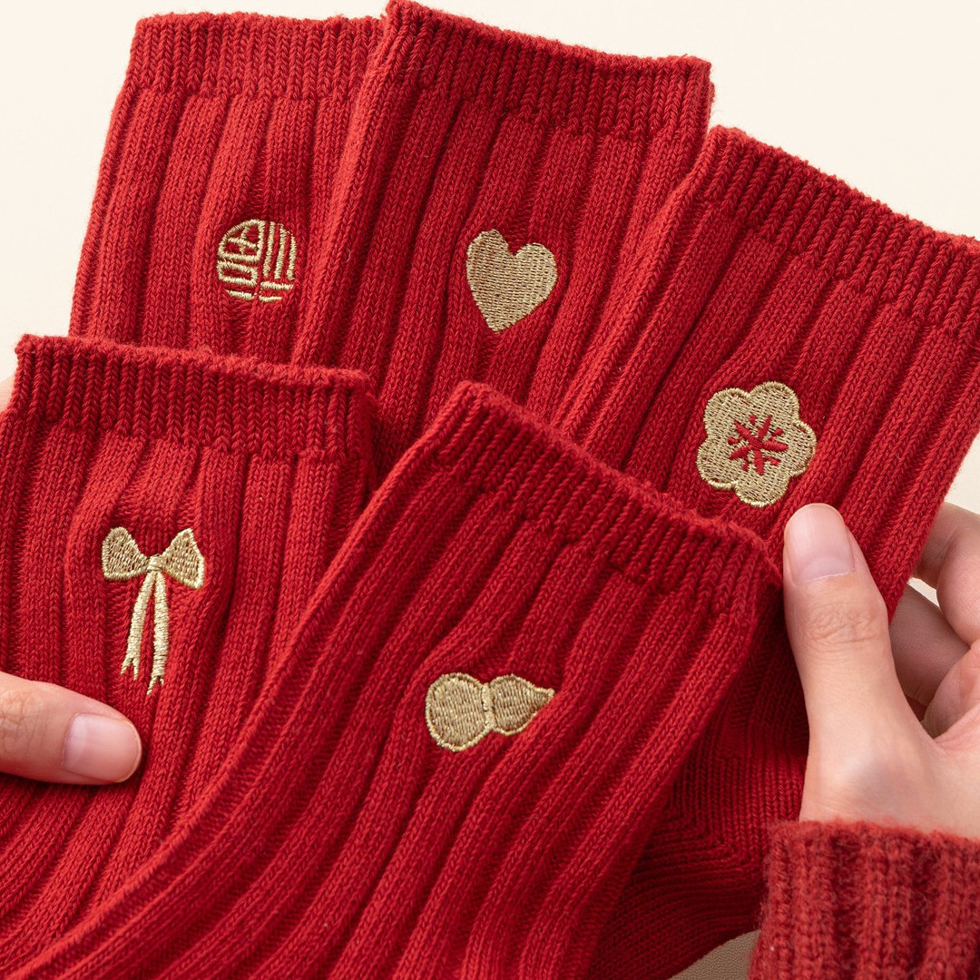 中筒2026新年属马红袜子女刺绣粗线短筒袜本命年过年结婚马年红袜