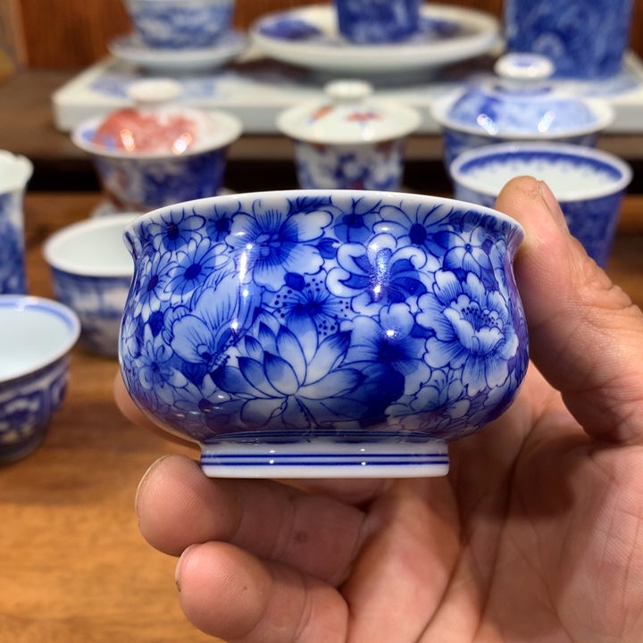 柴窑青花万花主人杯