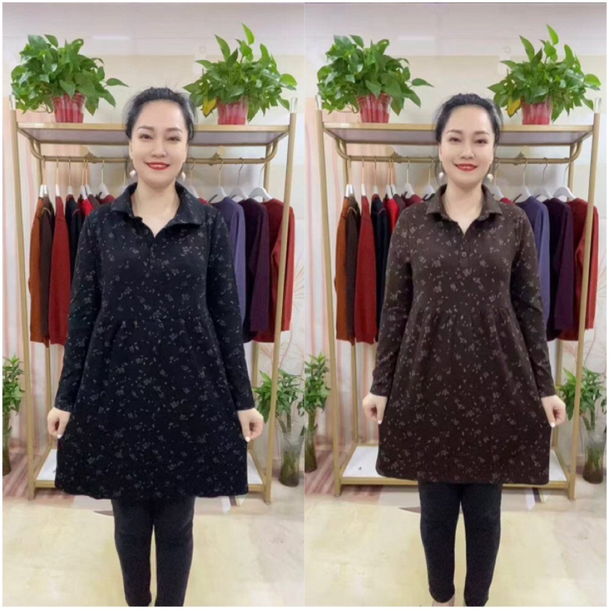 新款翻领大码宽松气质长袖碎花美裙