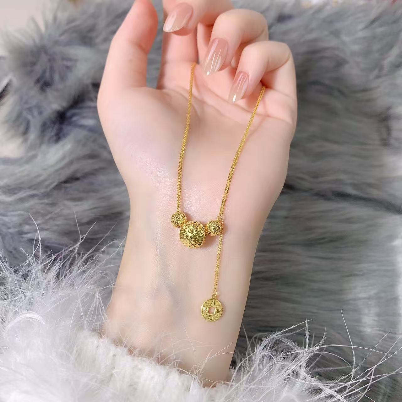 【伟新源】足金999 5G工艺铜钱三珠套链7.57克