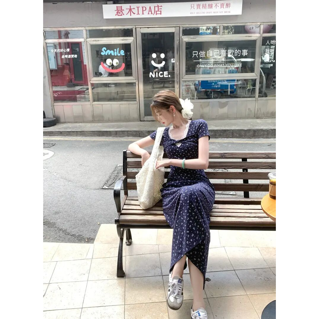 EIA一尧【春日梨泰院】同款韩版纯欲扭结碎花连衣裙气质设计收腰显