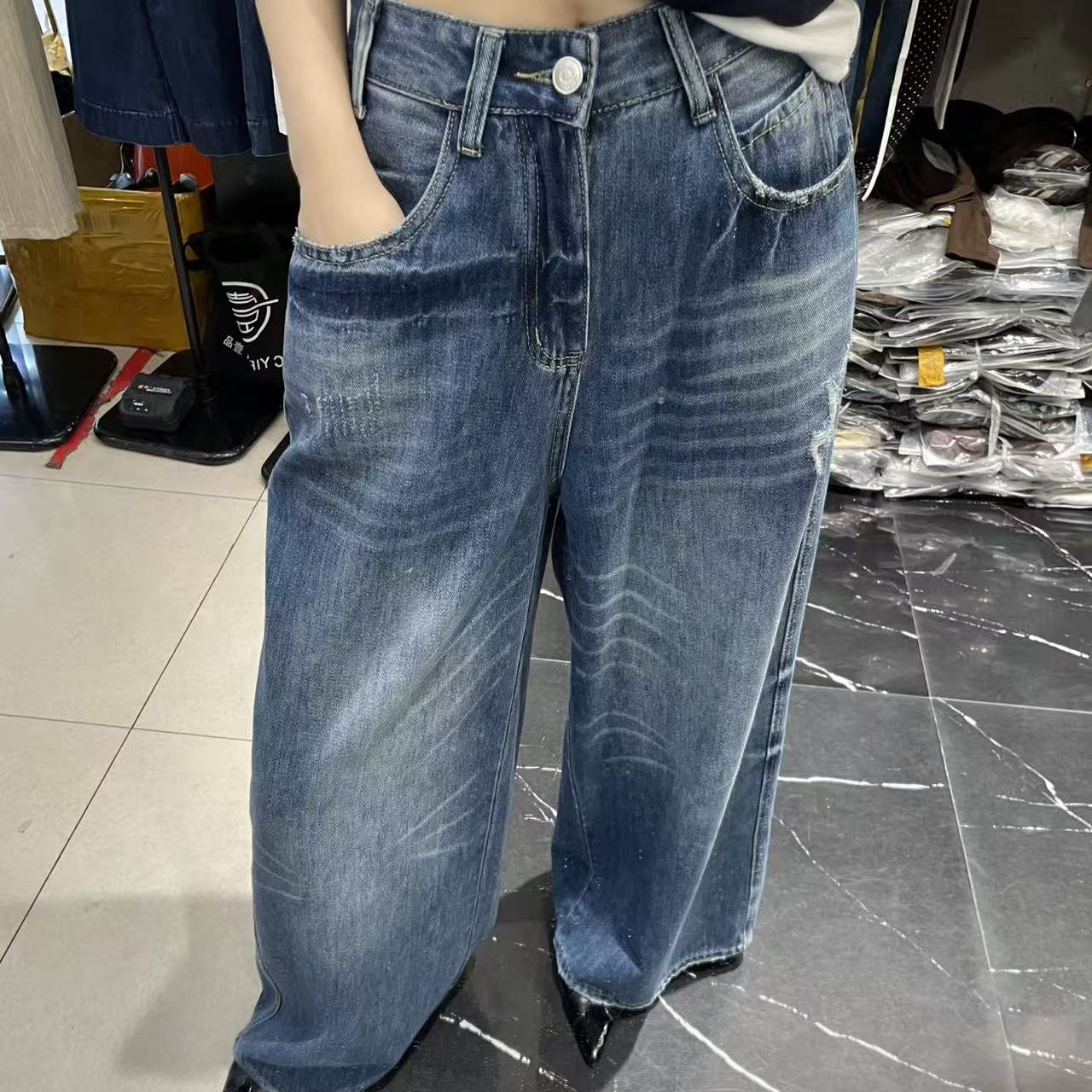 复古阔腿裤撞色线迹宽松牛仔裤通用经典百搭款式