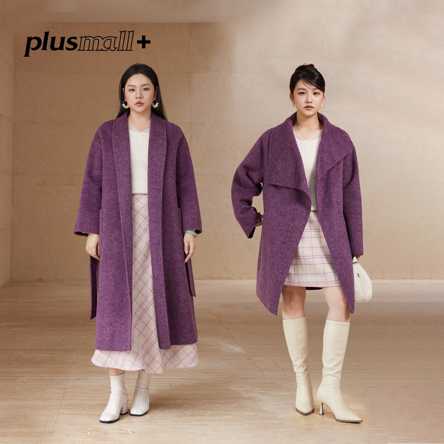 PLUSMALL 落雪紫嫣 混纺夹花经典中长/长款大衣PM2510069AB