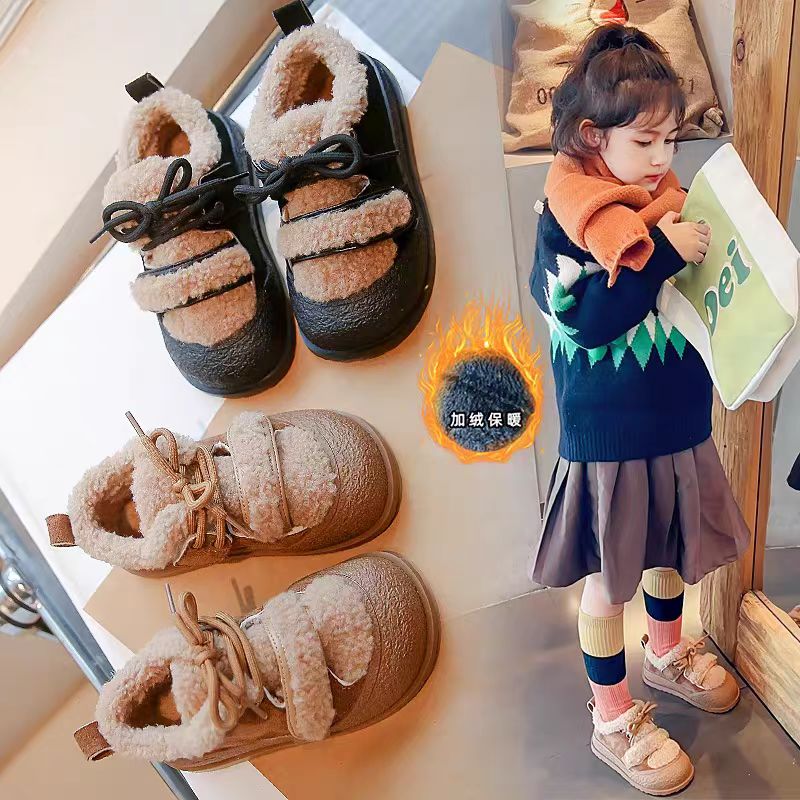 儿童2025冬季新款软底防滑运动鞋皮面加绒防踢男女童棉鞋979