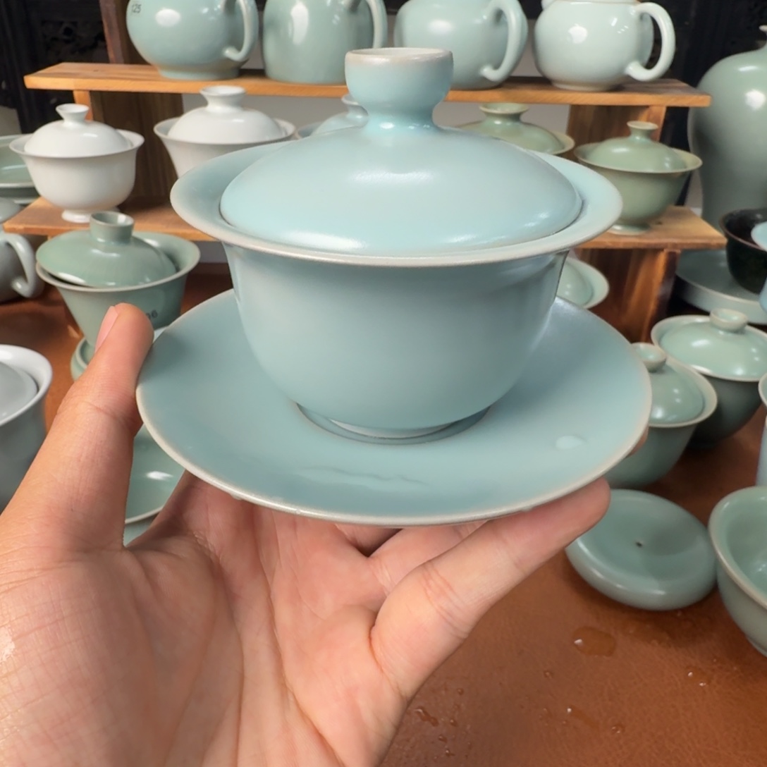 C***r陶摆件一级仿古天青三才盖碗