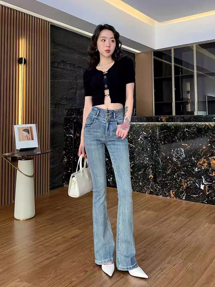 2570#高腰排扣微喇牛仔裤女时尚复古弹力提臀显瘦喇叭裤（约95）