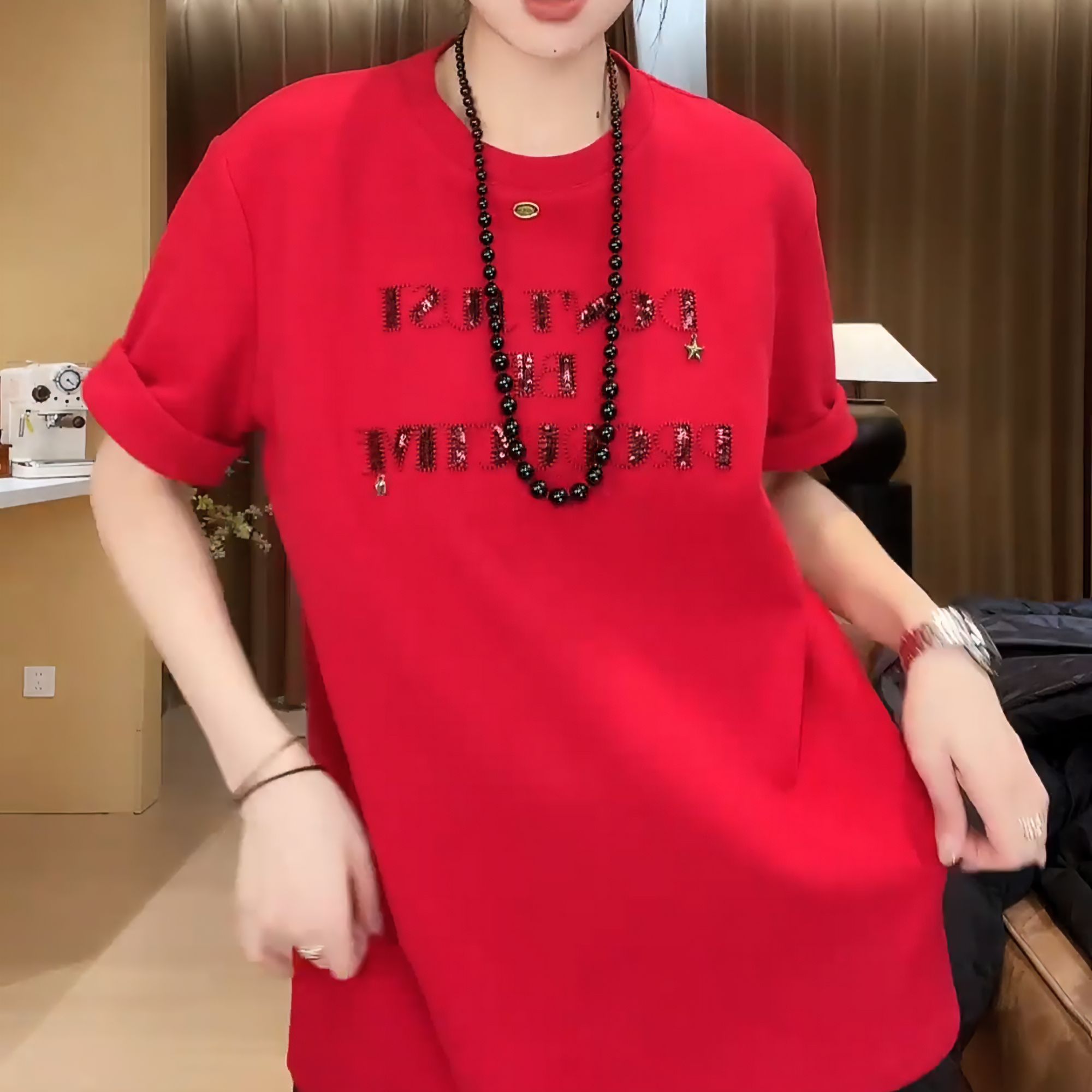 2025新款小众设计极简星星字母红色T恤重工设计感上衣女LK2501241