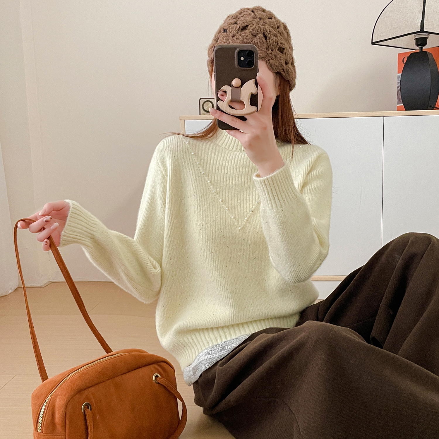 苏醒的乐园冬季新款套头毛衣女SXMY53297钉珠彩纱点半高领百搭