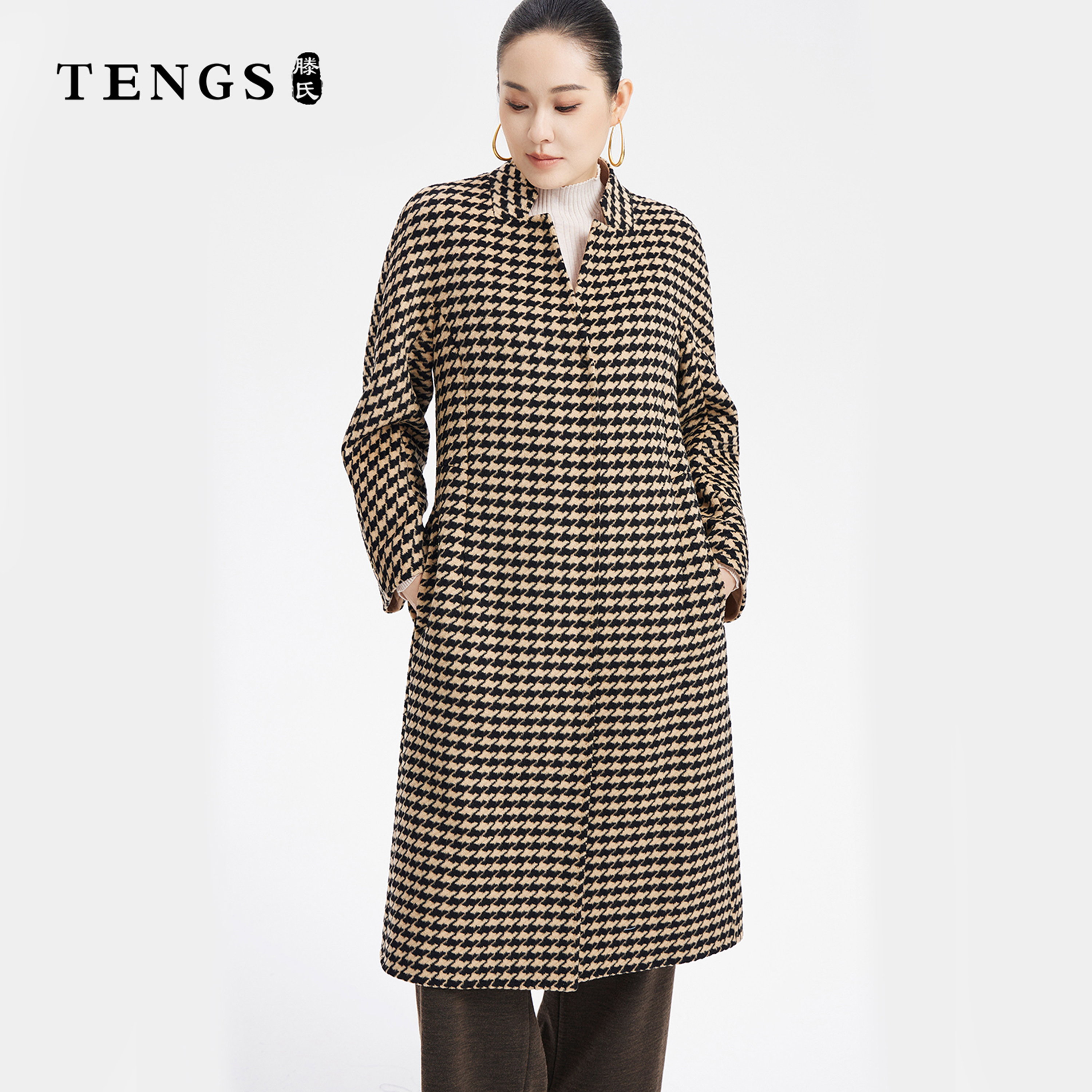 TENGS滕氏女装秋冬款色织千鸟格通勤百搭连袖大衣