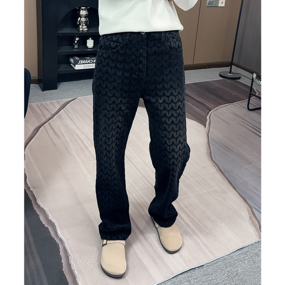高端植绒提花美式潮流男士牛仔裤秋冬宽松直筒设计感休闲长裤
