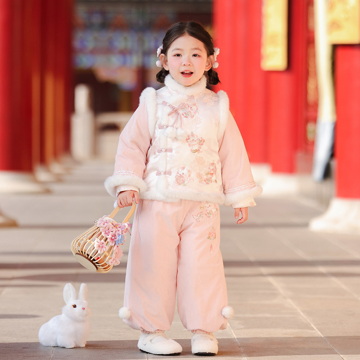 古月家.粉桃 汉服女童冬款儿童新中式国风仙气拜年服裤子套装唐装