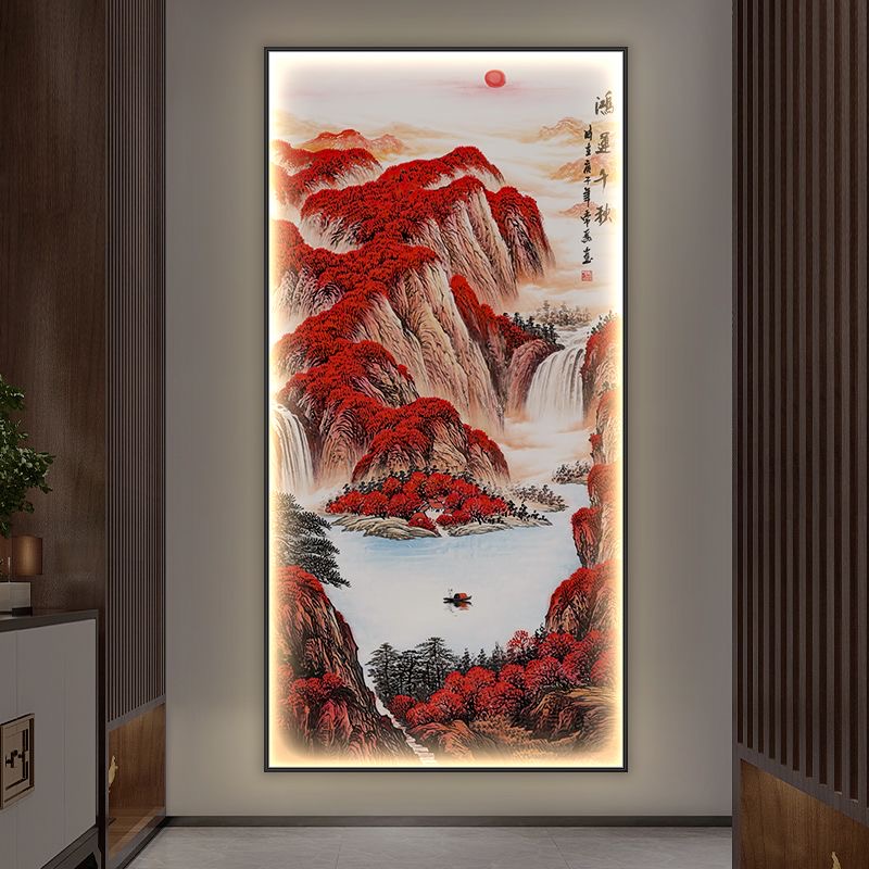 无品牌鸿运当头镶钻带灯国画竖版玄关走廊过道装饰画