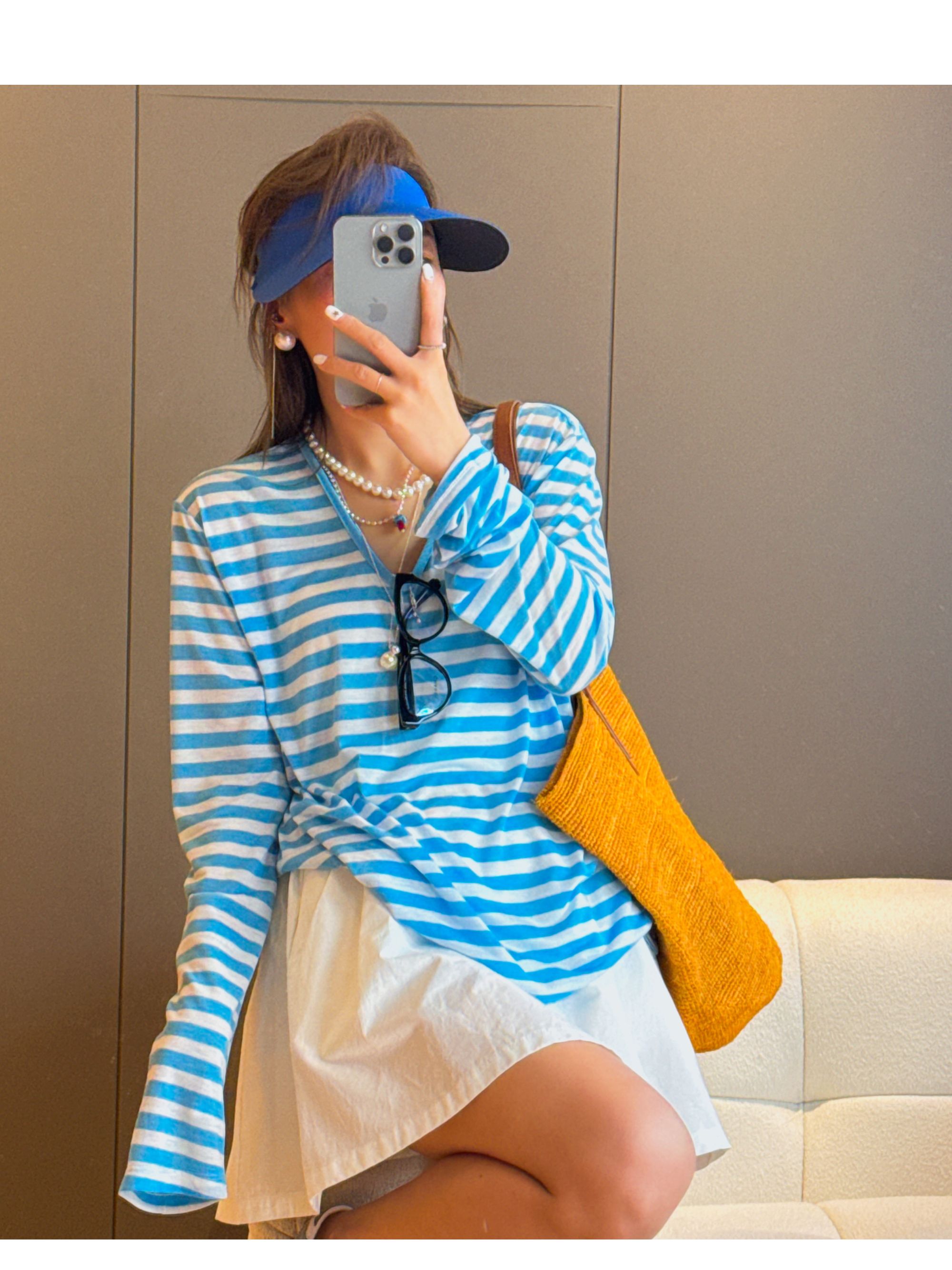 韩版夏季新款小Ｕ领薄款条纹长休防晒T恤