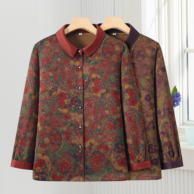 奶奶秋装衬衫长袖上衣中老年人妈妈装春秋宽松厚衬衣大码衣服外套