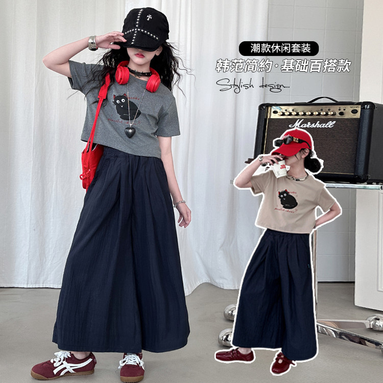 女童夏季黑猫t恤短袖阔腿裤套装2025新款中大童装两件套棉布裙裤