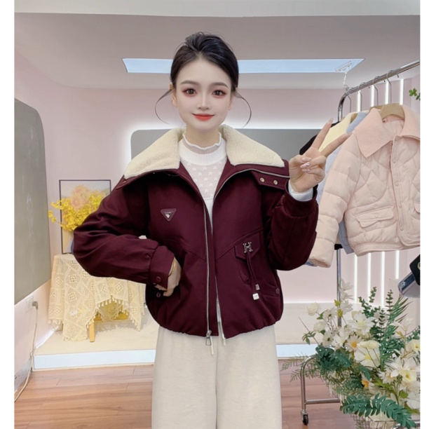 2025冬季加绒加厚短外套女气质显瘦翻领百搭保暖时尚派克服外套